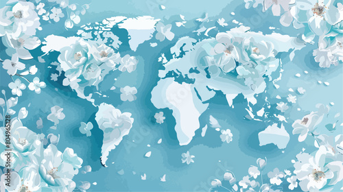 White world map floral pattern with light blue background