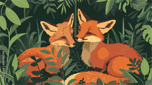 Wild foxes couple in the jungle Vector illustration.