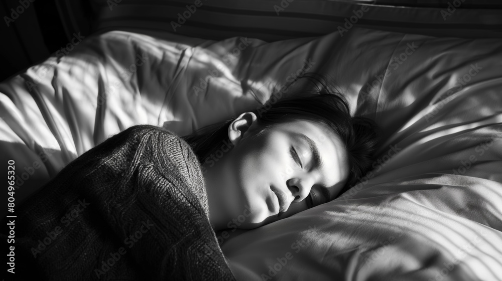 Young woman sleeping peacefully, with morning sunlight softly illuminating her face and bed, highlighting tranquility. Young woman sleeping peacefully, with morning sunlight softly illuminating her face and bed, highlighting tranquility.