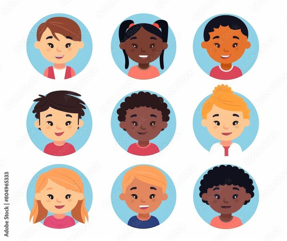 Diverse Group of Cartoon Children Faces for Educational Projects Diverse Group of Cartoon Children Faces for Educational Projects
