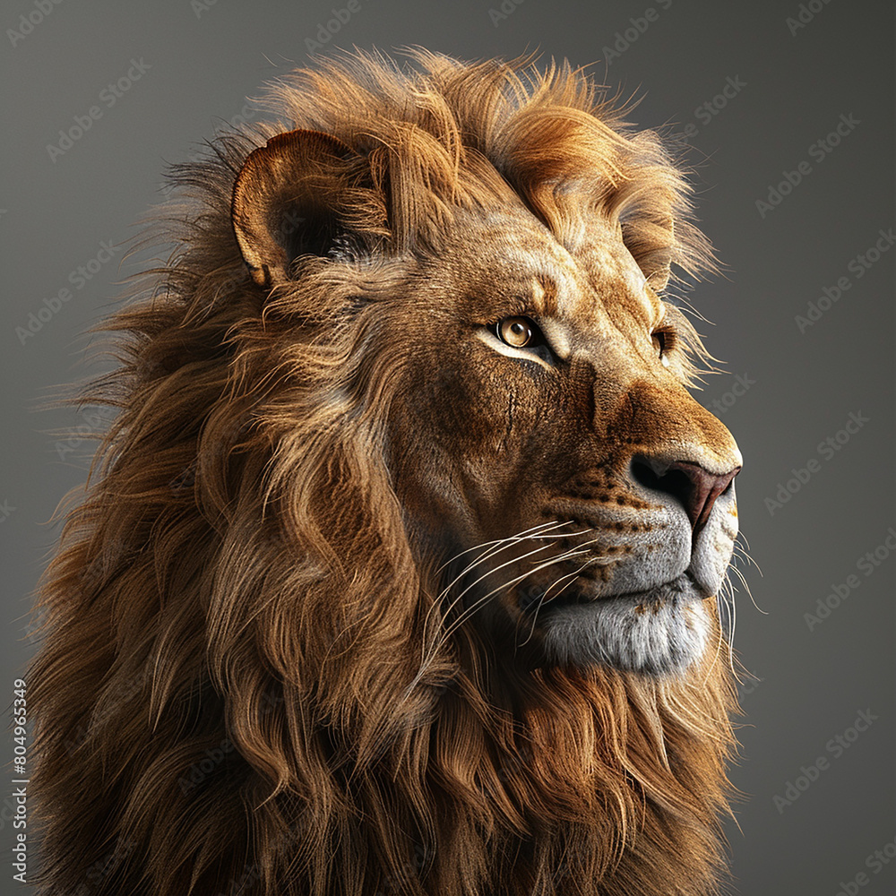 Naklejka premium 3d rendered photos of close-up portrait of a majestic and proud lion, 2/3 profile made with generative AI