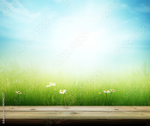 Serene Spring Meadow View with Wooden Plank and Clear Blue Sky