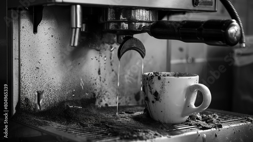 Messy espresso machine in action, with coffee splatters and steam, capturing the intensity of coffee making. photo