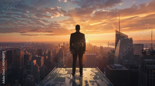 Businessman in suit looking at city during sunset over city skyline
