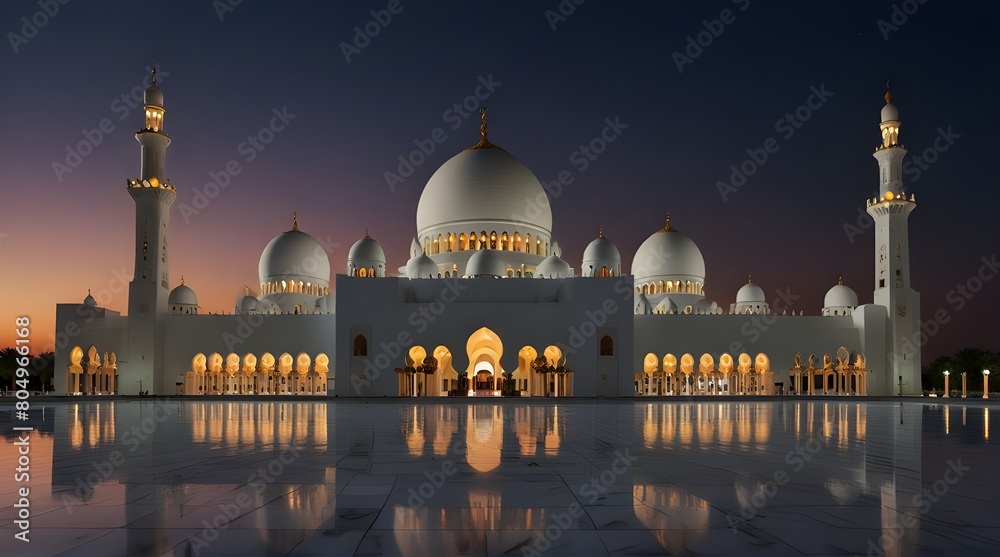Abu Dhabi Sheik Zayed Grand Mosque at night | Beautiful islamic architecture | Located in the capital of the United Arab Emirates | Tourist attraction | Ramadan Generative AI