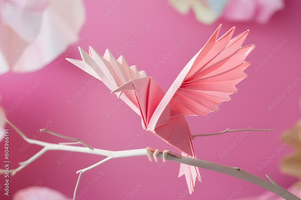Fototapeta premium Pink Origami Bird on Branch Paper Art with Gradient Wings, Vibrant Pink Background