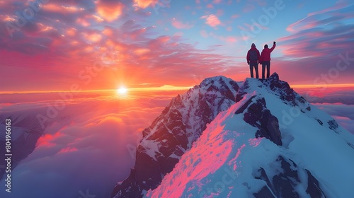 View From top of snow mountain peak, stunning sunrise and clouds background. Tourist couple hiking and hands up celebrating success and goal achievement. Travel and adventure active lifestyle.