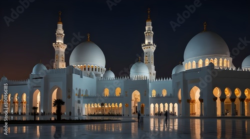 Abu Dhabi Sheik Zayed Grand Mosque at night | Beautiful islamic architecture | Located in the capital of the United Arab Emirates | Tourist attraction | Ramadan Generative AI photo