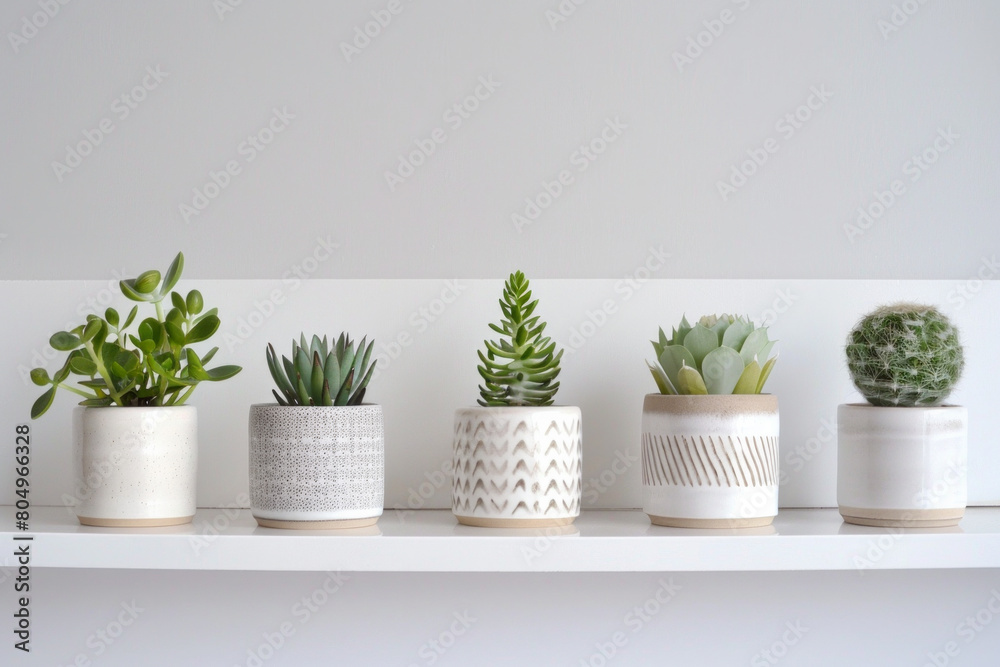 A series of minimalist ceramic plant pots with geometric patterns, arranged in a row on a white shelf, showcasing their modern aesthetic. 