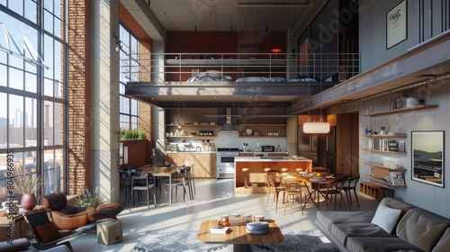 Spacious industrial loft living room and a modern kitchen