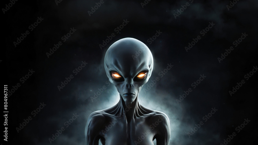 An alien with glowing eyes on a dark background. Copy space. A creepy alien makes first contact, kidnaps you and experiments on you An alien with glowing eyes on a dark background. Copy space. A creepy alien makes first contact, kidnaps you and experiments on you