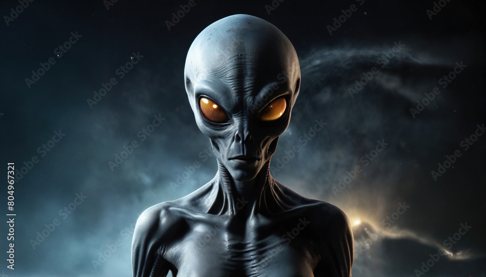 Naklejka premium An alien with glowing eyes on a dark background. Copy space. A creepy alien makes first contact, kidnaps you and experiments on you