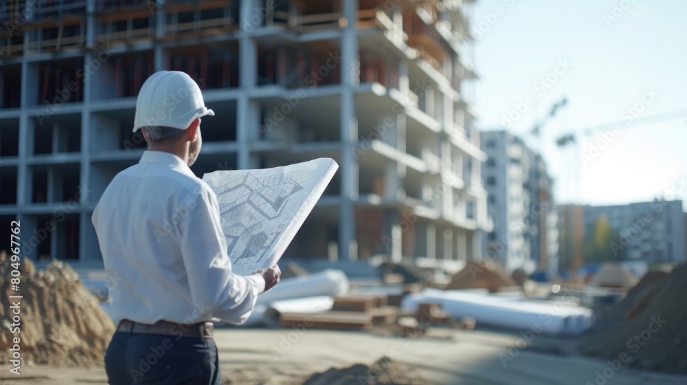 Professional civil engineer standing at building construction site while hold blueprint. Skilled architect or interior designer holding project plan while looking at building construction. AIG42.