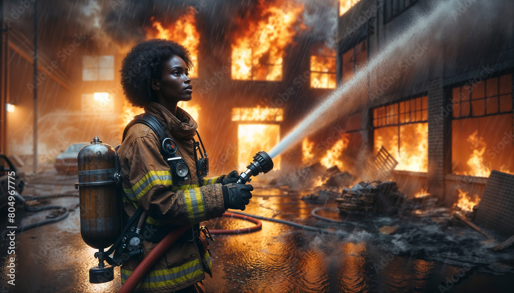 photorealistic image of a female African firefighter intensely focused while extinguishing a fire photorealistic image of a female African firefighter intensely focused while extinguishing a fire