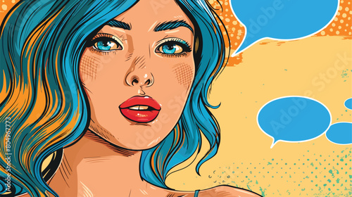 Woman with blue hair and speech bubble pop art style