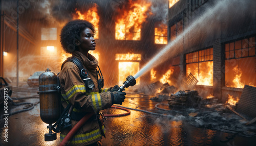 photorealistic image of a female African firefighter intensely focused while extinguishing a fire