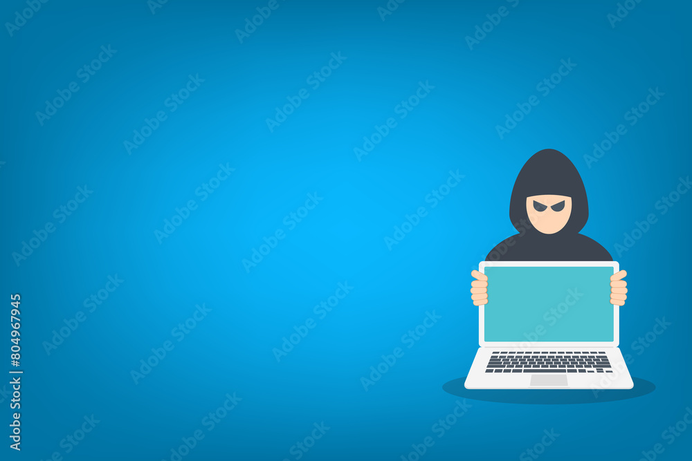 Hacker with laptop computer stealing confidential data