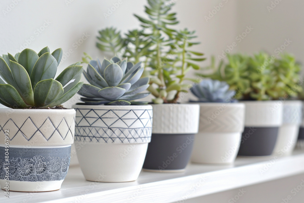 A series of minimalist ceramic plant pots with geometric patterns, arranged in a row on a white shelf, showcasing their modern aesthetic. 