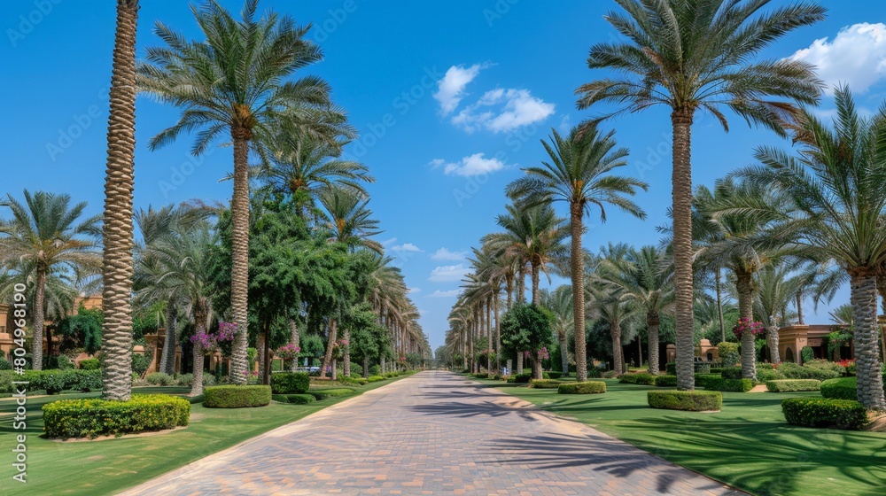 Idyllic Palm Tree-Lined Boulevard under Blue Sky in Luxurious Tropical Resort Idyllic Palm Tree-Lined Boulevard under Blue Sky in Luxurious Tropical Resort