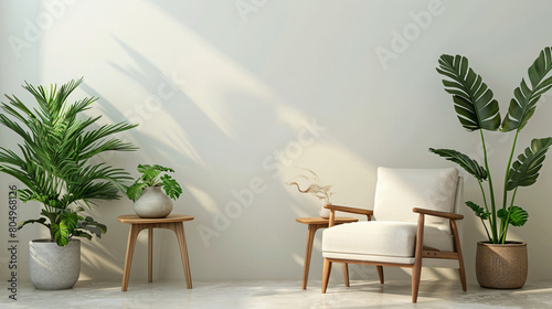 Soft armchair and wooden tables with houseplants near