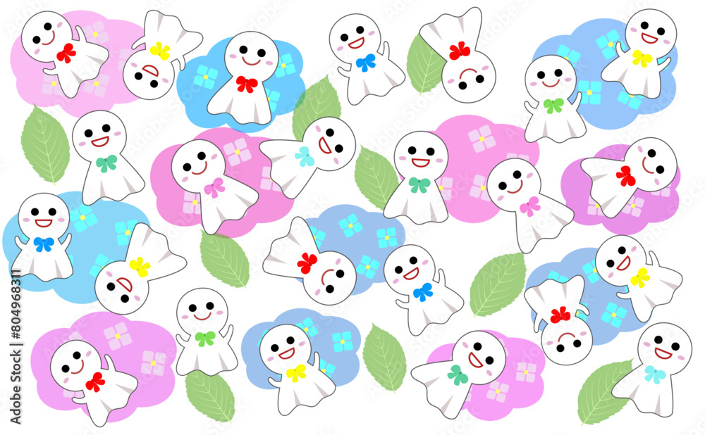 梅雨のかわいいてるてる坊主とアジサイのイラスト 梅雨のかわいいてるてる坊主とアジサイのイラスト