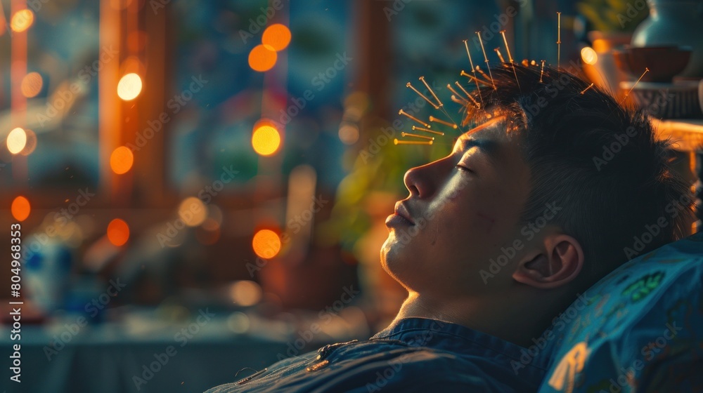 Obraz premium A tranquil young man is receiving acupuncture treatment in a spa. Treating disease with acupuncture using ancient wisdom to deeply relax and release stress.