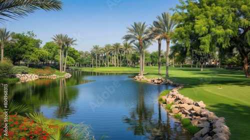Idyllic Golf Course Landscape with Lush Greenery and Tranquil Pond