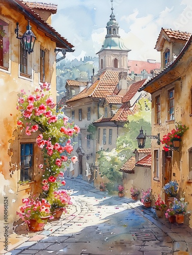 Fototapeta Naklejka Na Ścianę i Meble -  Prague streets with windows and houses and flowers in watercolor style