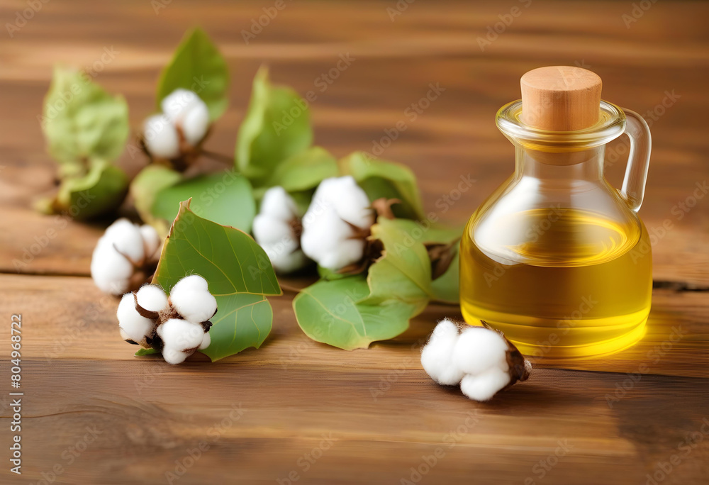 A cotton plant with cotton buds and a bottle of cotton oil on a wooden background A cotton plant with cotton buds and a bottle of cotton oil on a wooden background
