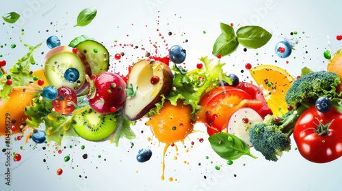 Various fresh fruits and vegetables float in the air. Holistic health approach emphasizes the importance of taking care of the body on a white background.