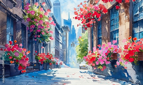 Fototapeta Naklejka Na Ścianę i Meble -  New York streets with windows and houses and flowers in watercolor style