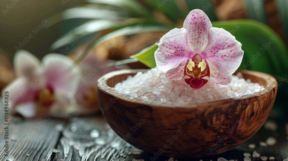 Spa composition with sea salt and orchid flower in wood