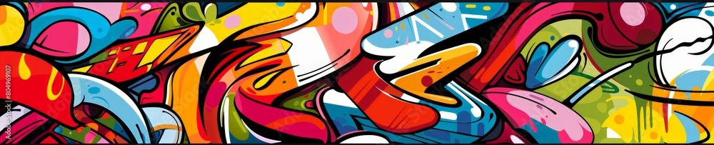 Fototapeta premium Vibrant Graffiti Artwork with Abstract Shapes and Bold Colors on Urban Wall. Horizontal banner