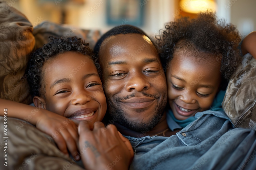 Loving African American Father Lying on the Sofa at Home with His Two Young Children Sharing a Joyful Moment Together, Radiating Happiness and Affection in a Cozy, Casual Indoor Setting Loving African American Father Lying on the Sofa at Home with His Two Young Children Sharing a Joyful Moment Together, Radiating Happiness and Affection in a Cozy, Casual Indoor Setting