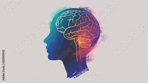 Human face silhouette with brain inside in colored cr