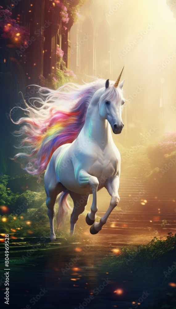 Illustrate a majestic unicorn galloping through a mystical forest, its rainbow mane flowing in the wind as it journeys towards an enchanted castle