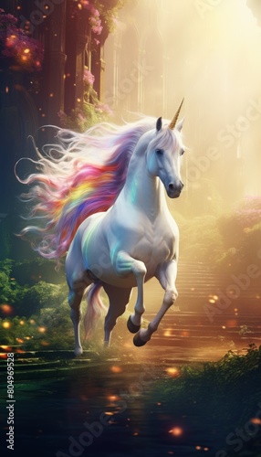 Illustrate a majestic unicorn galloping through a mystical forest  its rainbow mane flowing in the wind as it journeys towards an enchanted castle