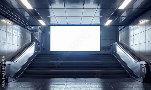 blank showcase billboard or advertising light box for your text message or media content at store in stairs up to the subway. commercial and marketing concept