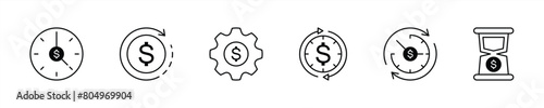 time is money icon set. clock, gear, hourglass and dollar icon thin line style collections, financial and business management icon. vector illustration