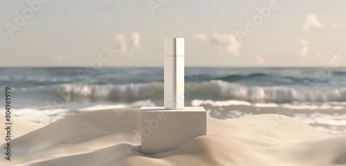 A sleek, white cosmetic bottle standing tall on a sandy beach podium, sea waves gently lapping behind