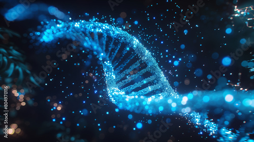 Digital Representation of Glowing DNA Strand in Futuristic Blue Environment