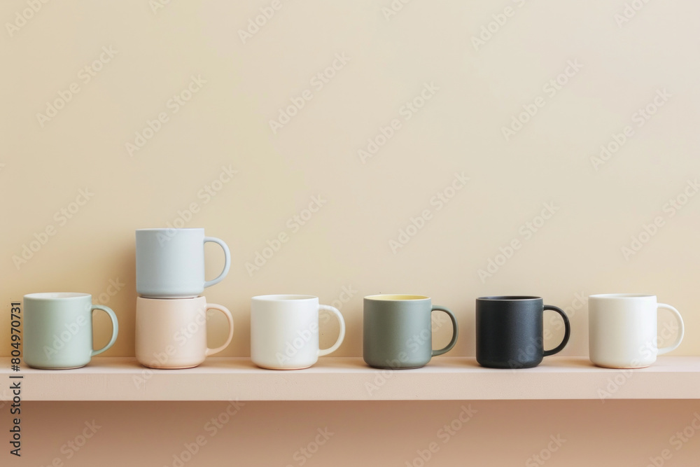 A series of minimalist ceramic or porcelain mugs with clean lines and matte finishes, arranged in a row on a solid-colored shelf, inviting relaxation and indulgence with every sip. A series of minimalist ceramic or porcelain mugs with clean lines and matte finishes, arranged in a row on a solid-colored shelf, inviting relaxation and indulgence with every sip.