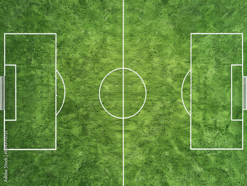 A top view of the lush green grass on an outdoor soccer field, highlighting the vibrant green color with white lines marking patterns and spaces. The neatly manicured field features crisp