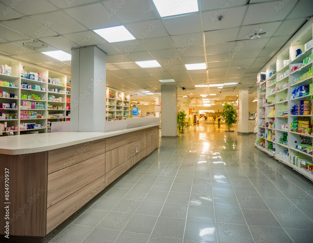 Pharmacy shop interior clear of empty modern store outside nobody Pharmacy shop interior clear of empty modern store outside nobody