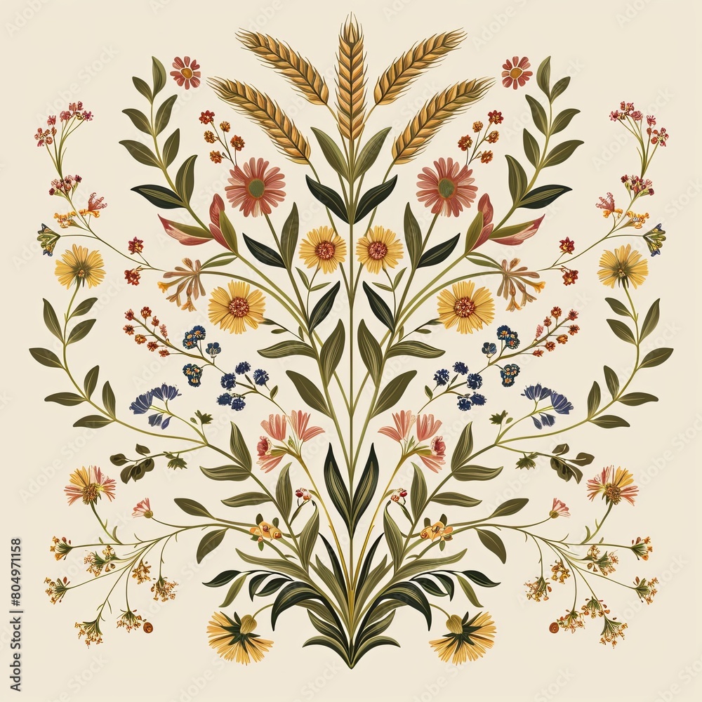 A decorative motif with a wheat sheaf interwoven with wildflowers and leaves, creating a lush, naturalistic design suitable for gourmet natural foods or an eco-friendly farm market A decorative motif with a wheat sheaf interwoven with wildflowers and leaves, creating a lush, naturalistic design suitable for gourmet natural foods or an eco-friendly farm market