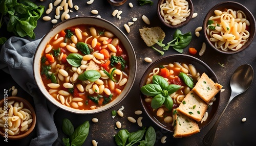 Vegetarian minestrone soup with pasta and white beans overhead view
 photo
