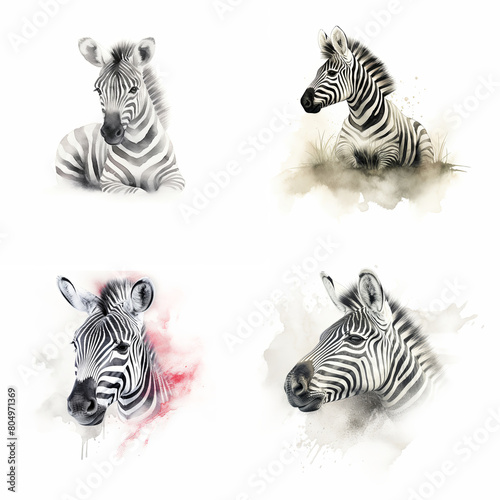 A watercolor painting of a zebra with a pink background