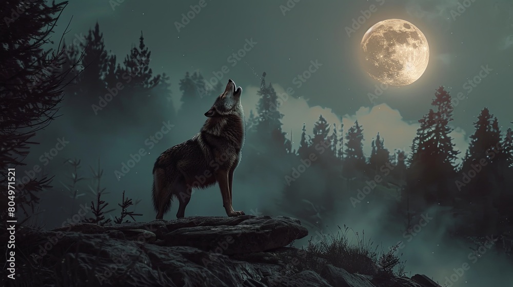Dramatic image of a wolf howling on a rocky terrain under a full moon, focusing on the wild and untamed nature of the animal Dramatic image of a wolf howling on a rocky terrain under a full moon, focusing on the wild and untamed nature of the animal
