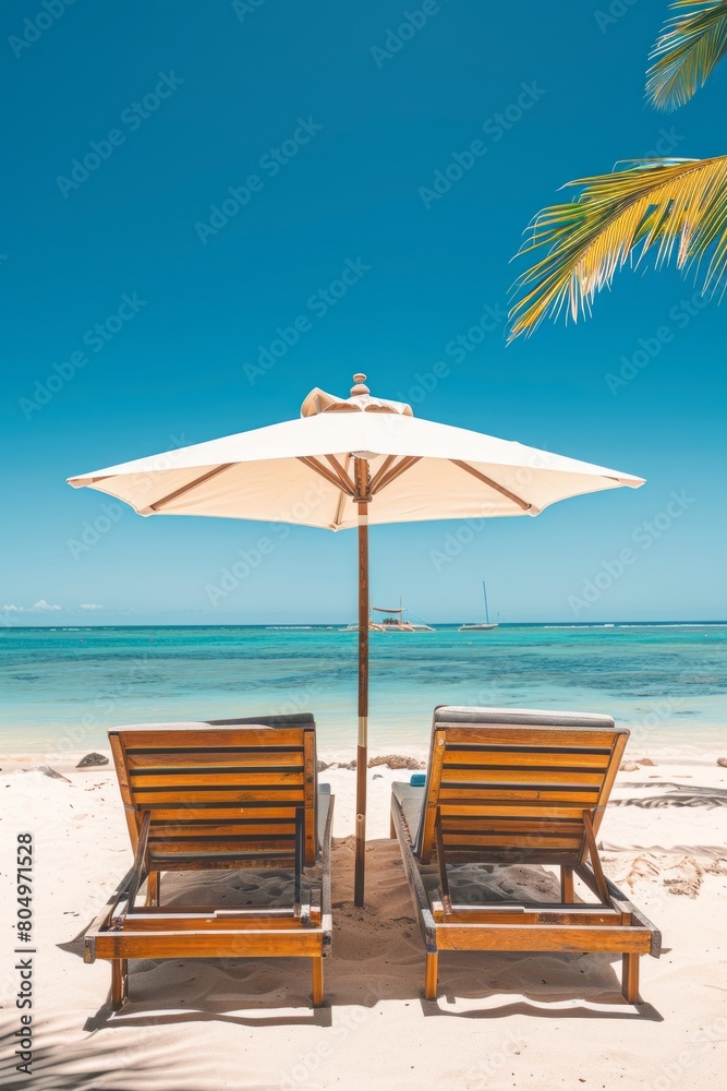 Two wooden deck chairs are under the parasol. Sunny summer day on the beach.