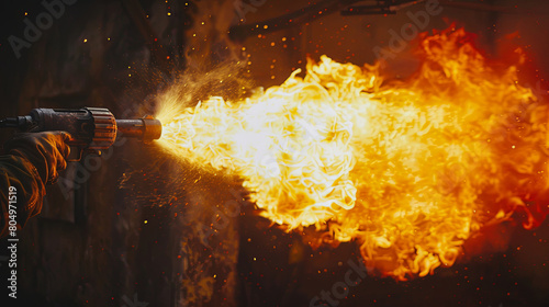 Slowmotion capture of a flame thrower in action, focusing on the fierce blaze and dynamic motion photo